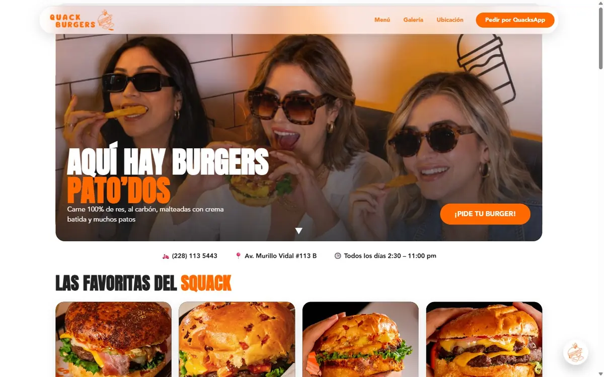 Quack Burgers website, home page